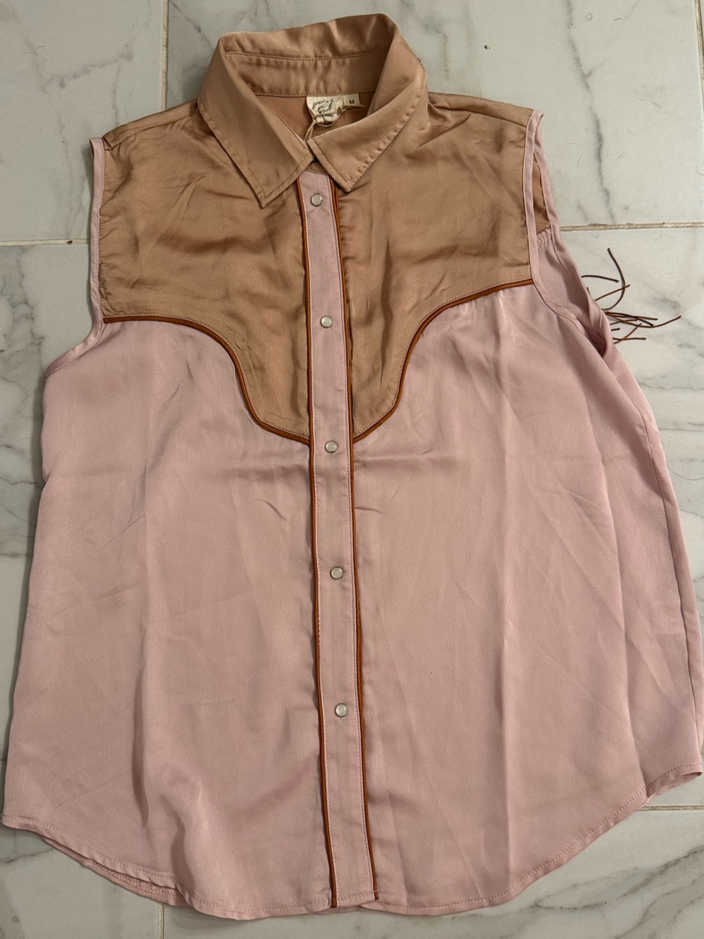 Fringe Western Sleeveless Pink & Tan Yoke Vintage Boho Festival Country Top